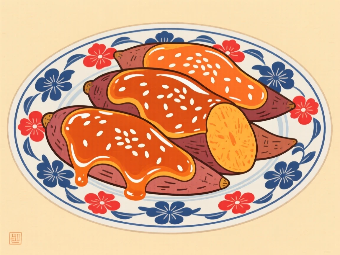 A plate of glazed sweet potatoes dusted with sesame seeds.
