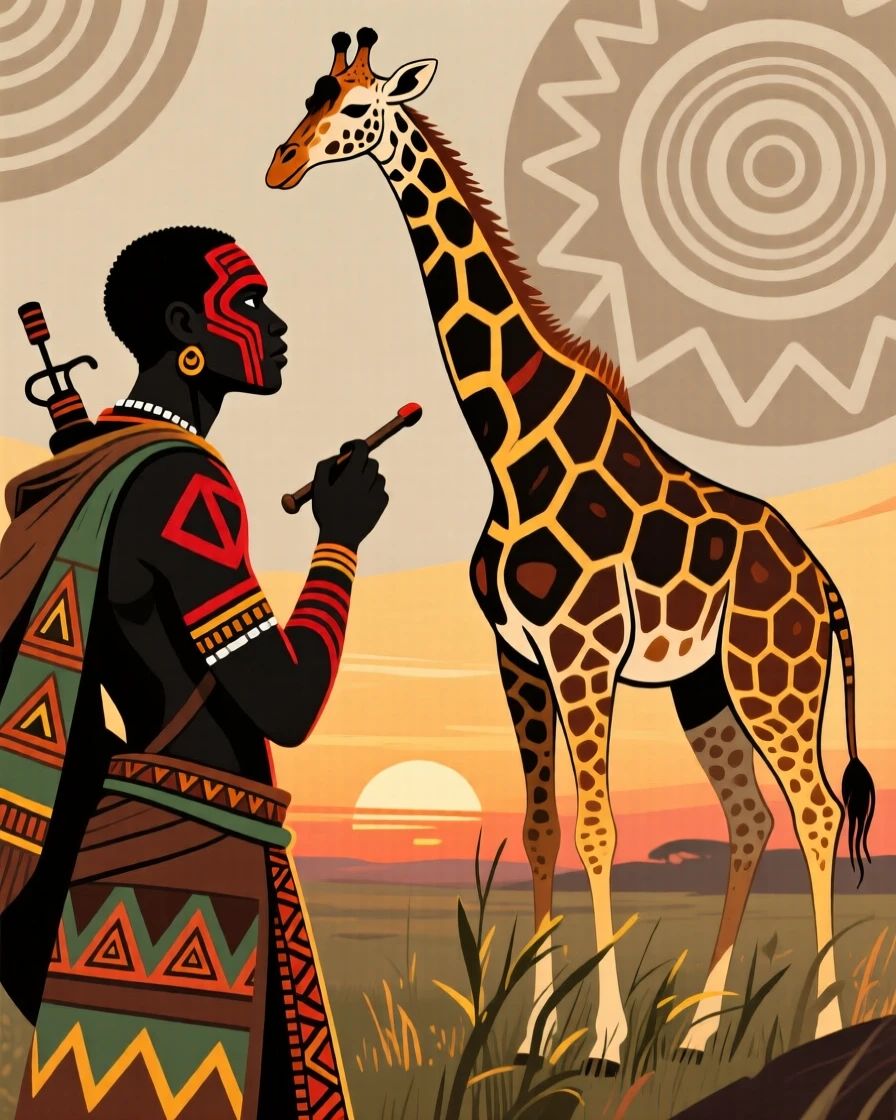 A wildlife tracker watching a giraffe graze at sunset.