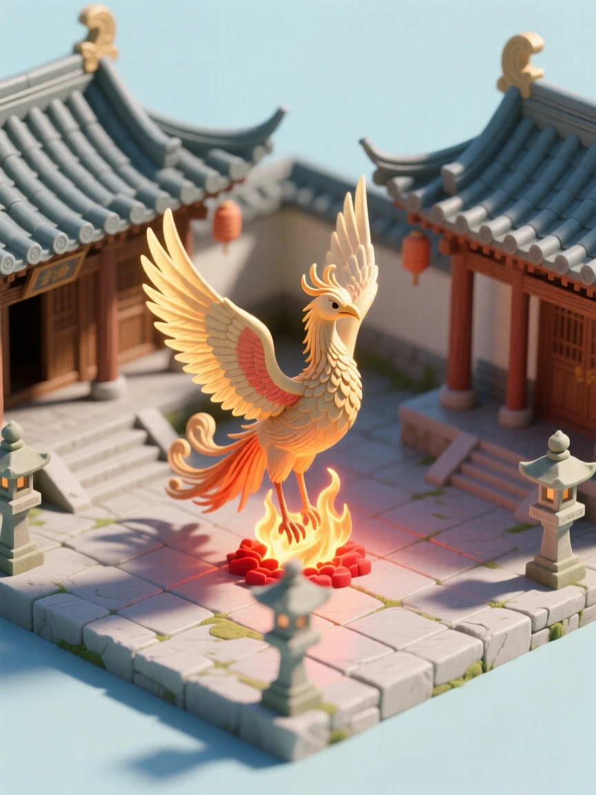 A phoenix rising gently from embers in a temple courtyard, its feathers glowing with warm golden light.