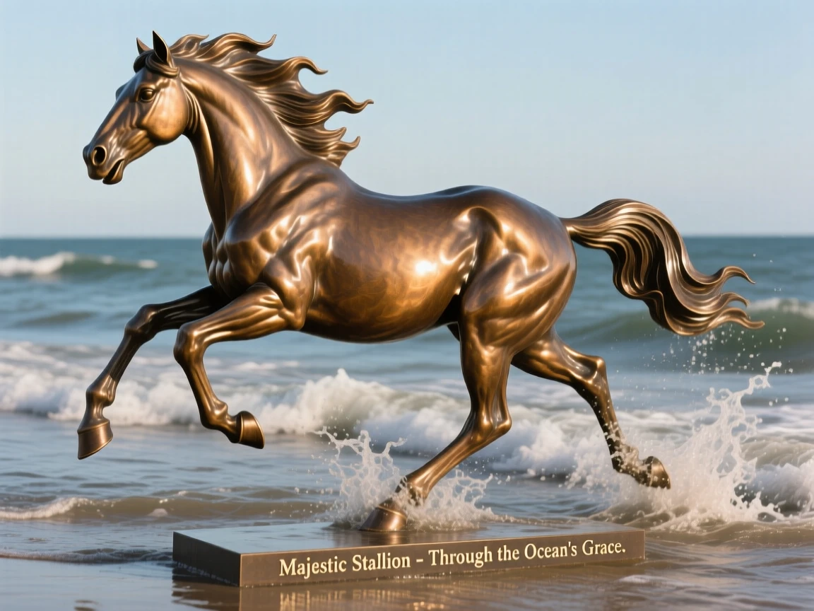 A majestic stallion galloping through shallow ocean surf, captured mid-motion with powerful grace, evoking wonder and majesty