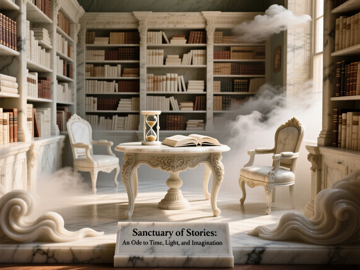 A beautifully composed image of an old bookstore filled with warm afternoon light, amid swirling clouds and mist, full of atmosphere and visual storytelling
