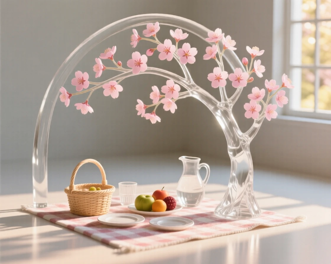 A picnic spread beneath a blooming cherry tree in spring while warm light spills from every window nearby