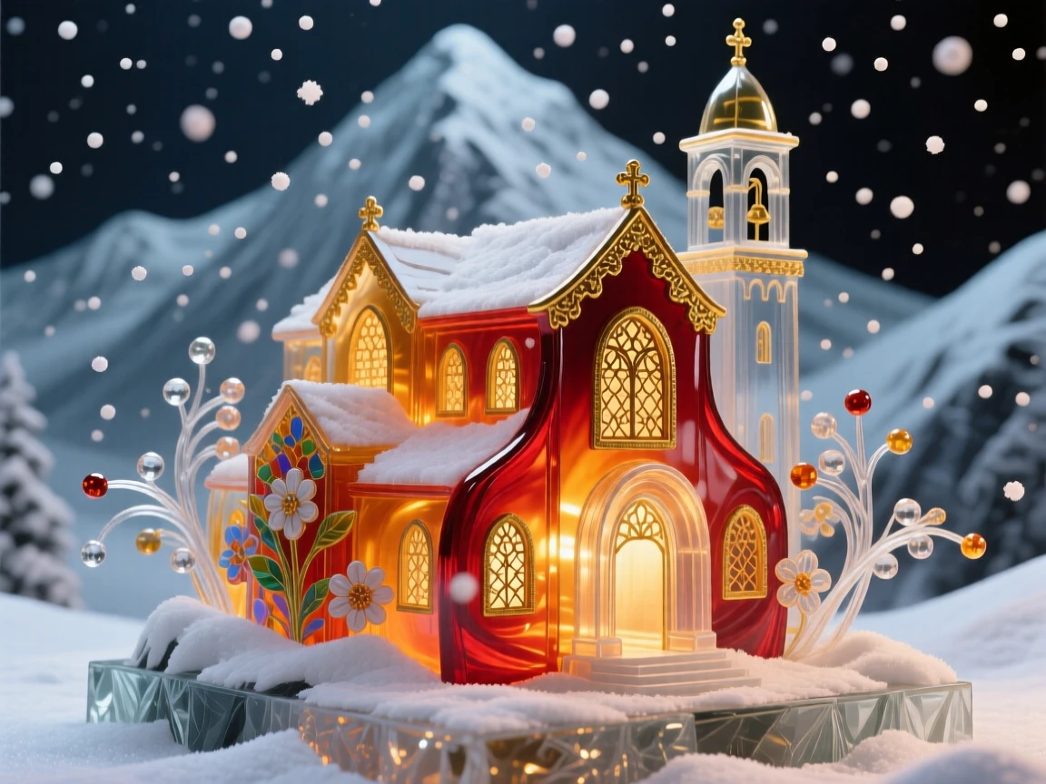 A grand mountain monastery glowing warmly beneath a blanket of falling snow, spiritual and cozy.