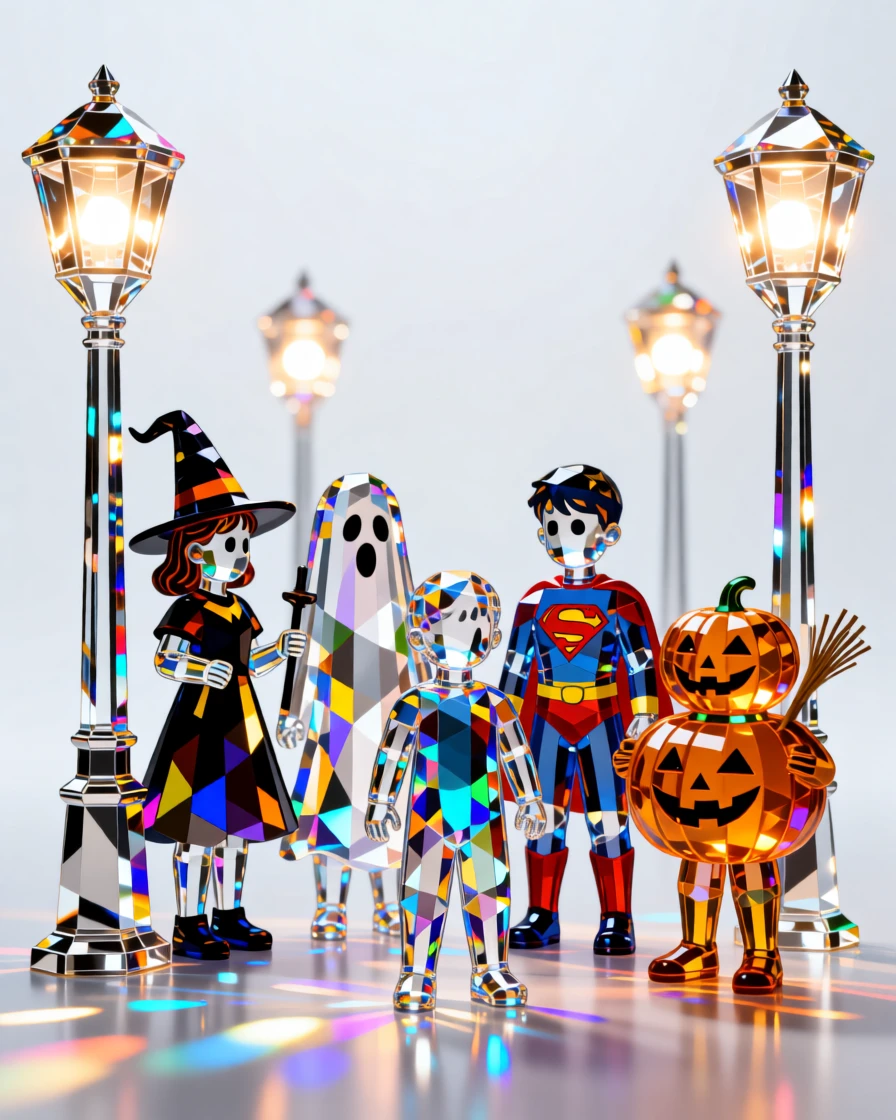 A Halloween trick-or-treat scene with costumed children under streetlights.