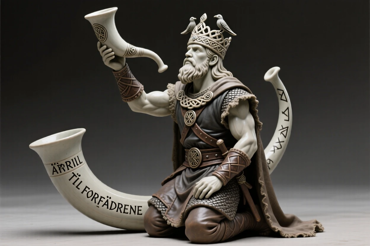 A Viking chieftain raising his horn in toast kneeling in reverent tribute, crowned with symbolic ornamentation, evoking reverence for ancient tradition.