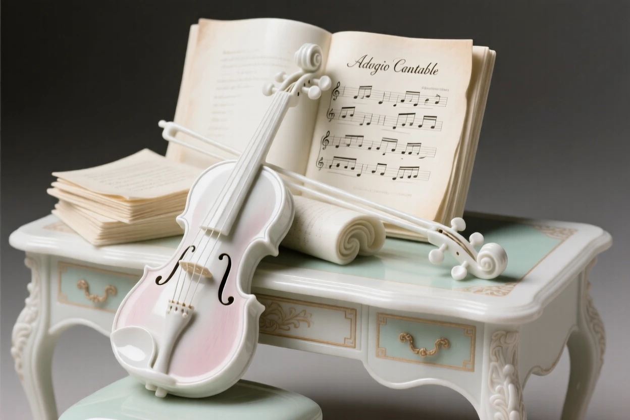 A refined still-life arrangement of a violin resting beside sheet music on an antique writing desk, composed with classical balance and harmony.