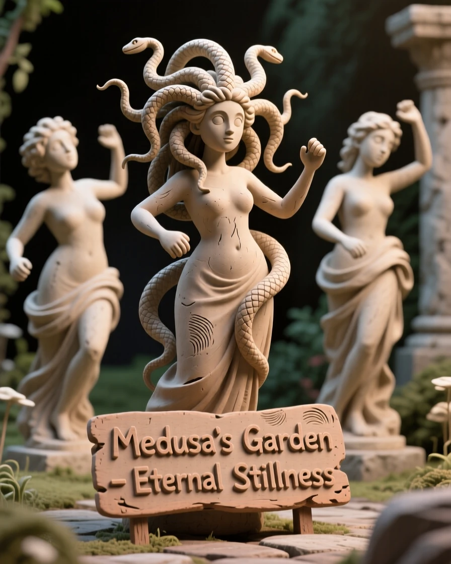 Medusa's garden of stone statues frozen mid-motion
