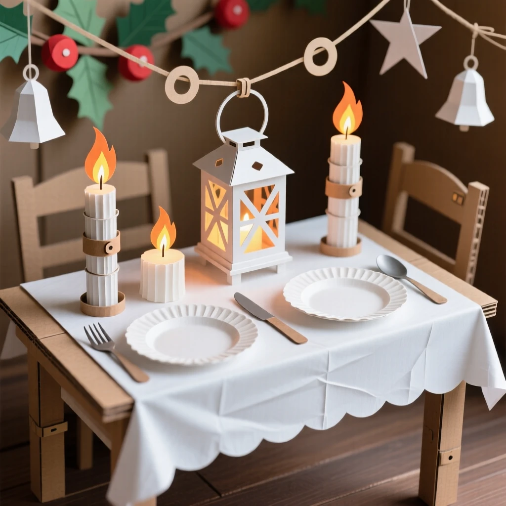 A romantic candlelit holiday dinner illuminated by lanterns and candlelight, with garlands and ornaments adorning every corner, capturing cherished holiday tradition.