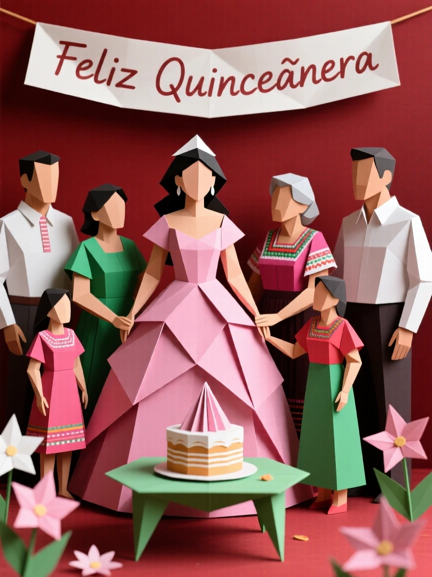 A Mexican quinceañera celebration scene with a young woman in an elegant gown surrounded by family.