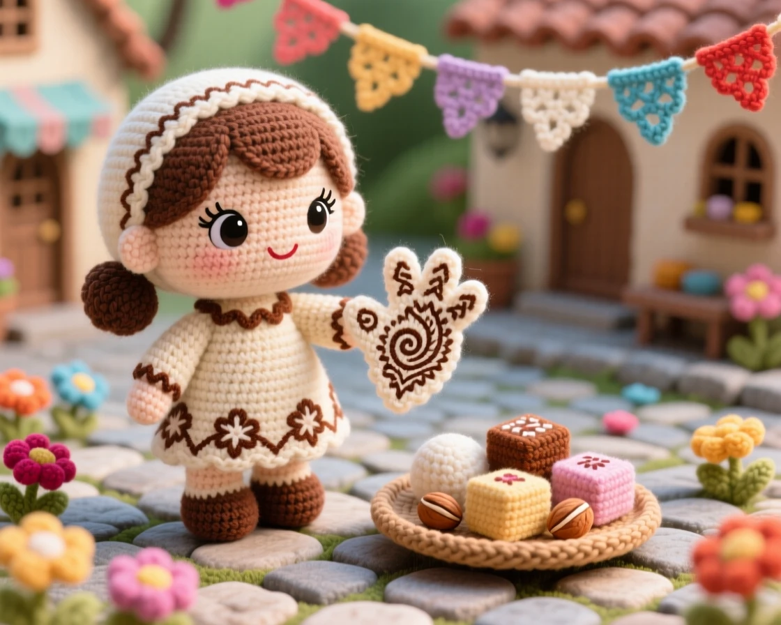 a little girl painting a henna-inspired pattern, on her hand for a celebration, is shown admiring the delicate design in a village square decorated with flowers and ribbons beside a small tray of traditional sweets nearby, capturing warm cultural pride and festive belonging.