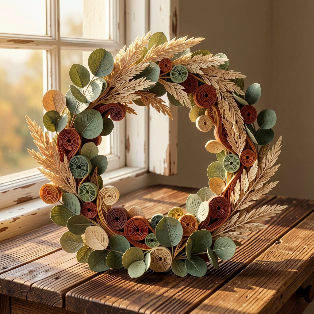 A serene botanical study of a wreath of eucalyptus and pampas grass on a rustic wooden table near an open window, in warm autumn hues of amber and rust, centered with generous negative space around it.