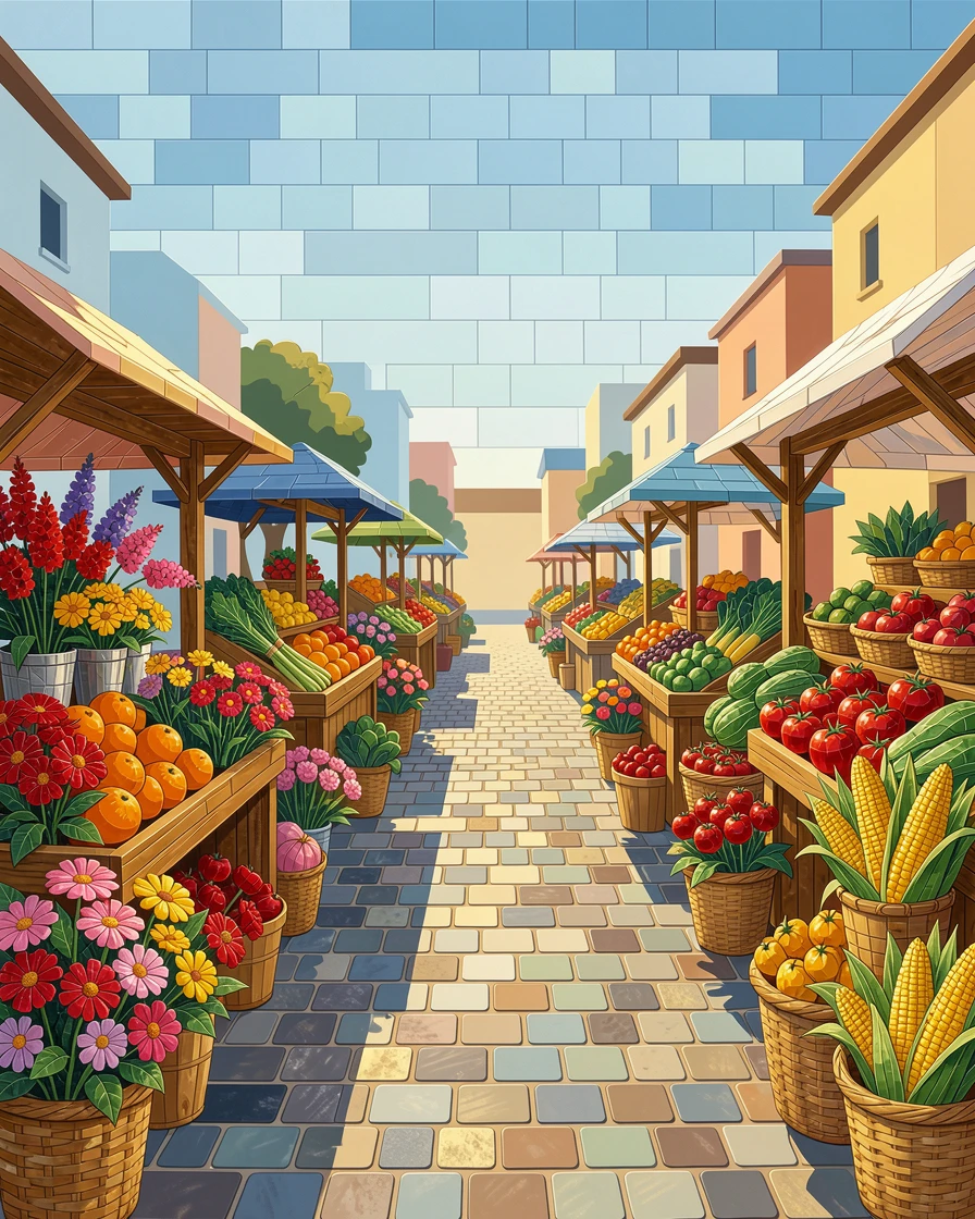 A charming farmers market street lined with fresh flowers and produce.