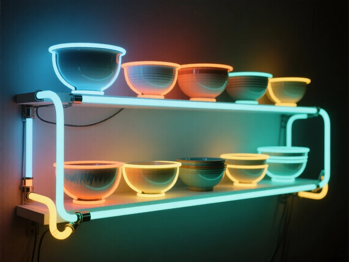 A shelf of hand-thrown ceramic bowls in varying glazes.