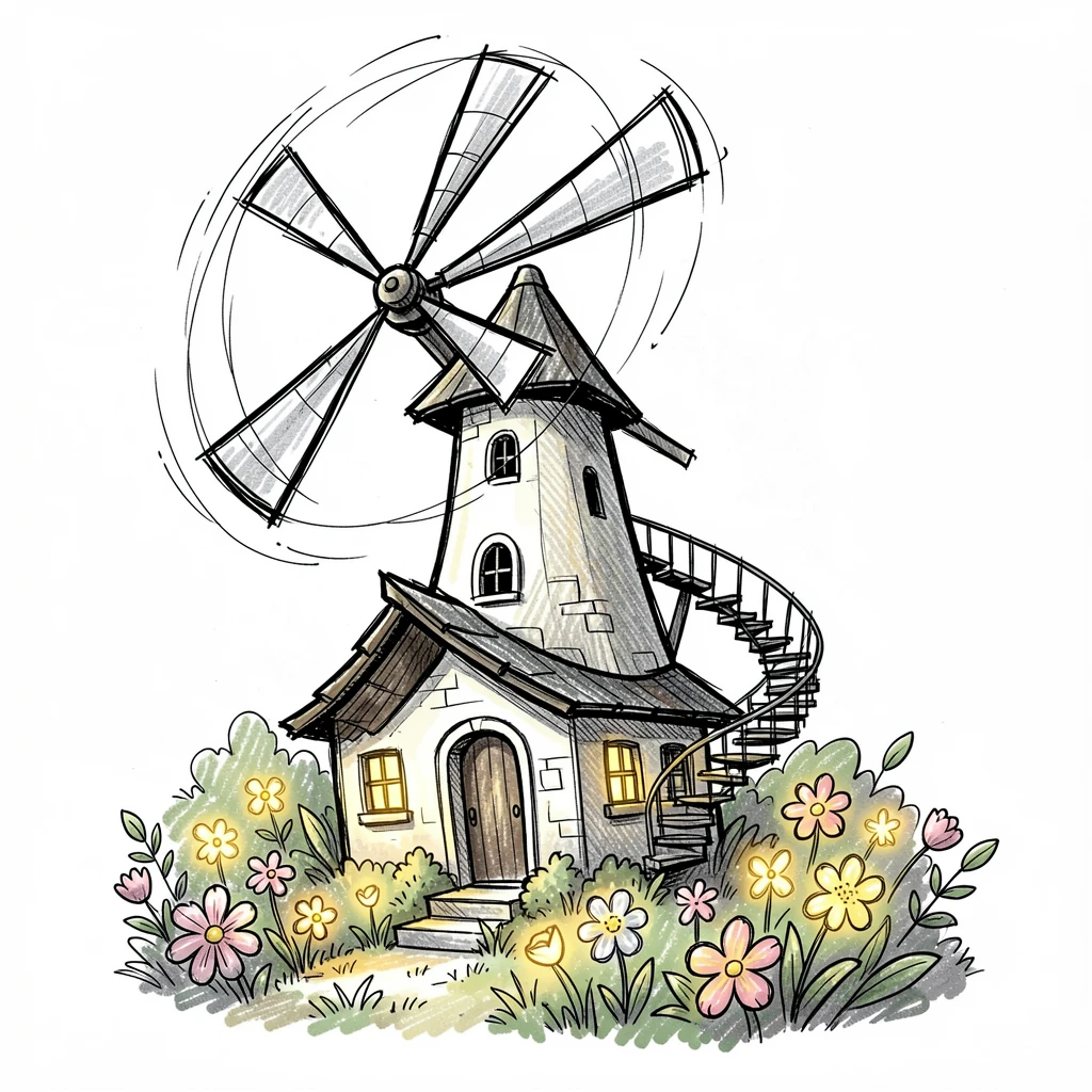A windmill cottage with a spiral staircase beside a garden full of glowing flowers.