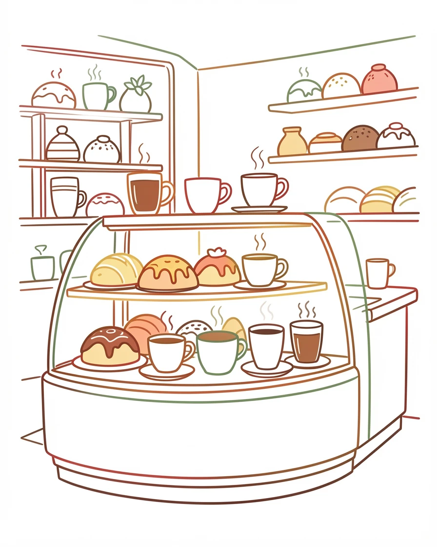 A cozy chocolate café with a display case of pastries and hot drinks.