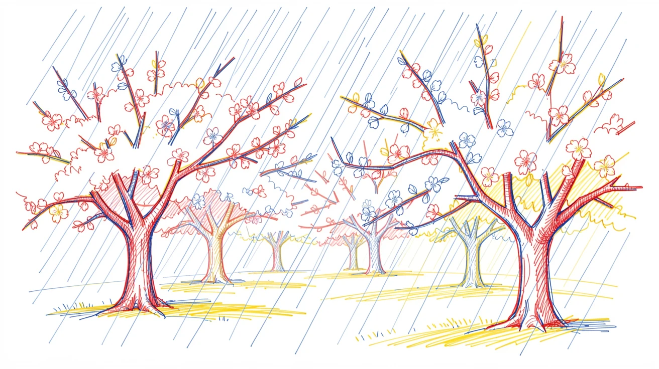 A soft spring drizzle falling over a blossoming cherry orchard