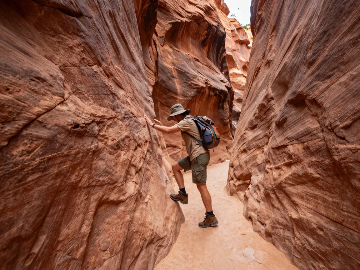 A Zion Canyon hiker navigating a narrow slot canyon