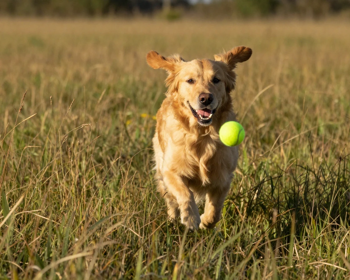 A golden retriever bounds through a field of tall grass, ears flapping, chasing a thrown tennis ball.