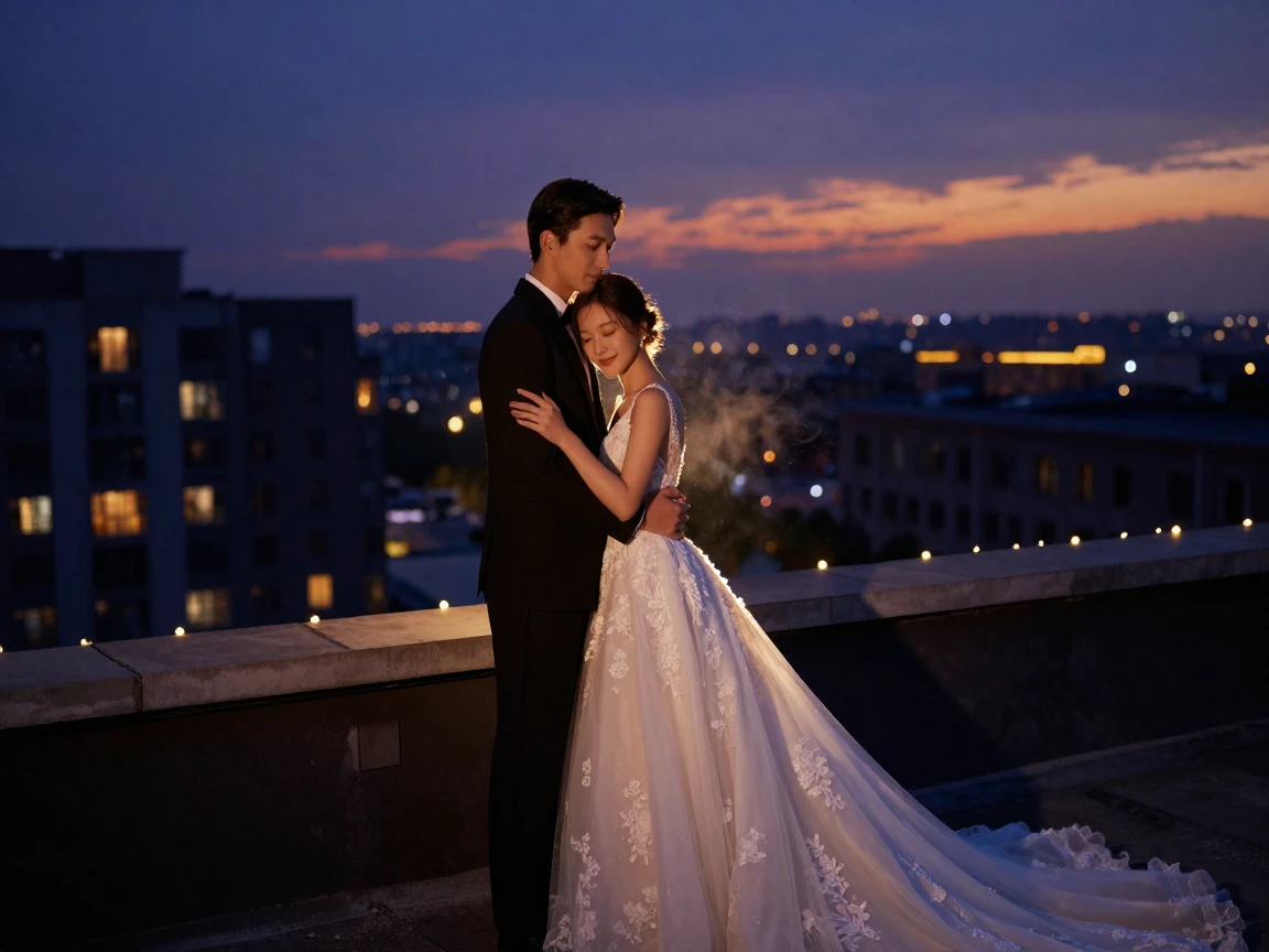 A newlywed couple embracing on a rooftop overlooking a sleeping city as the day comes to an end