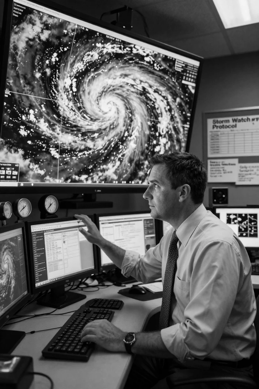 A meteorologist tracks a storm system on radar inside a busy weather station.