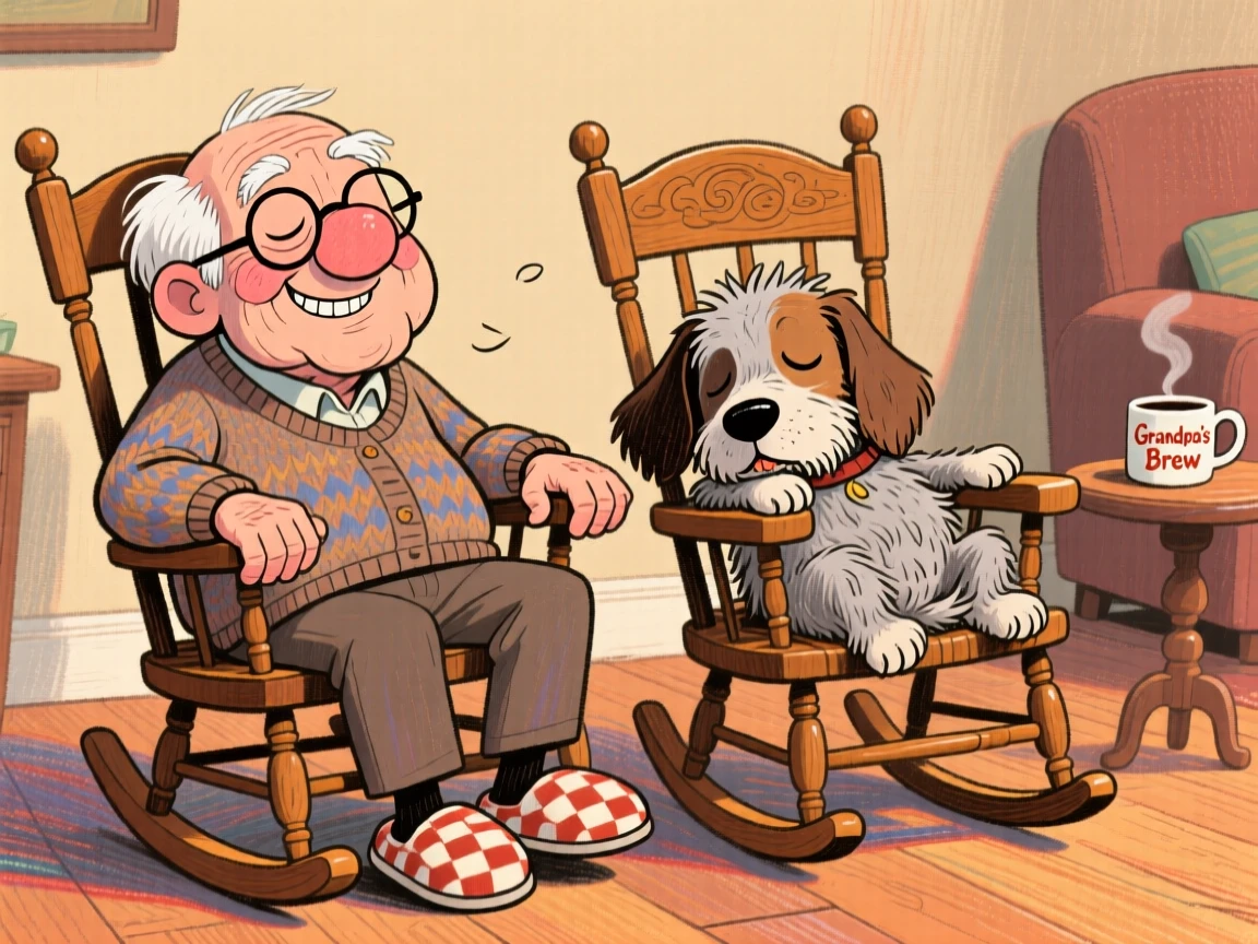 A grandfather and his old dog both snoozing in matching rocking chairs.