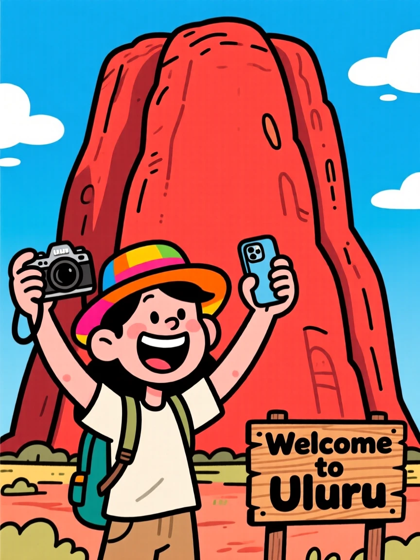 An iconic travel scene featuring a delighted tourist standing before the towering red rock of Uluru, with cameras raised and wide smiles.