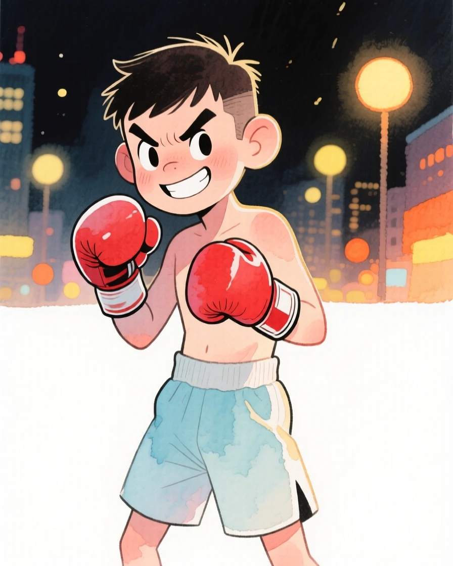 A boxer training landing a trick under city lights