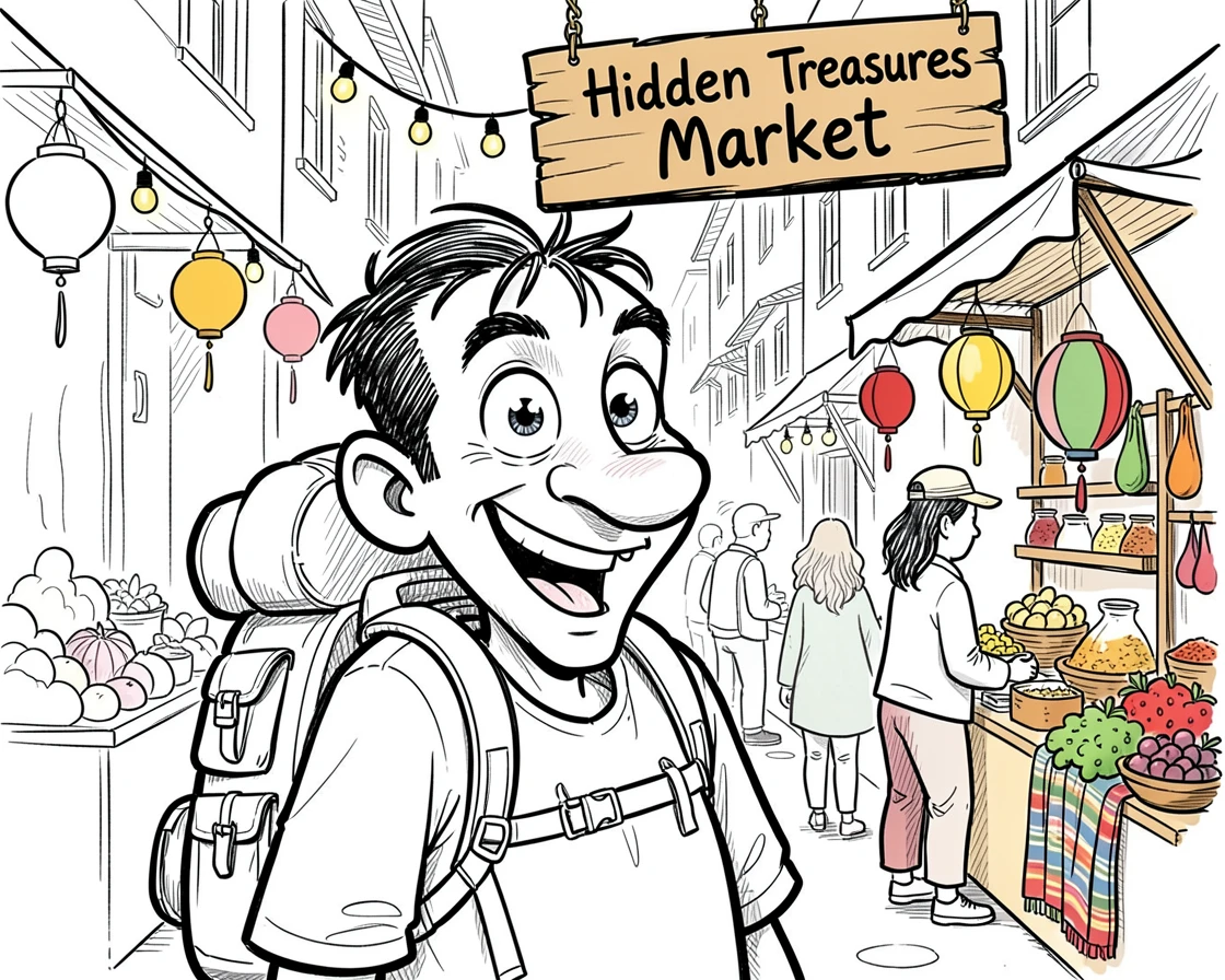 [Travel & Cultural Experiences] Vivid travel scene of an excited backpacker exploring a hidden alleyway market, full of wonder and adventure