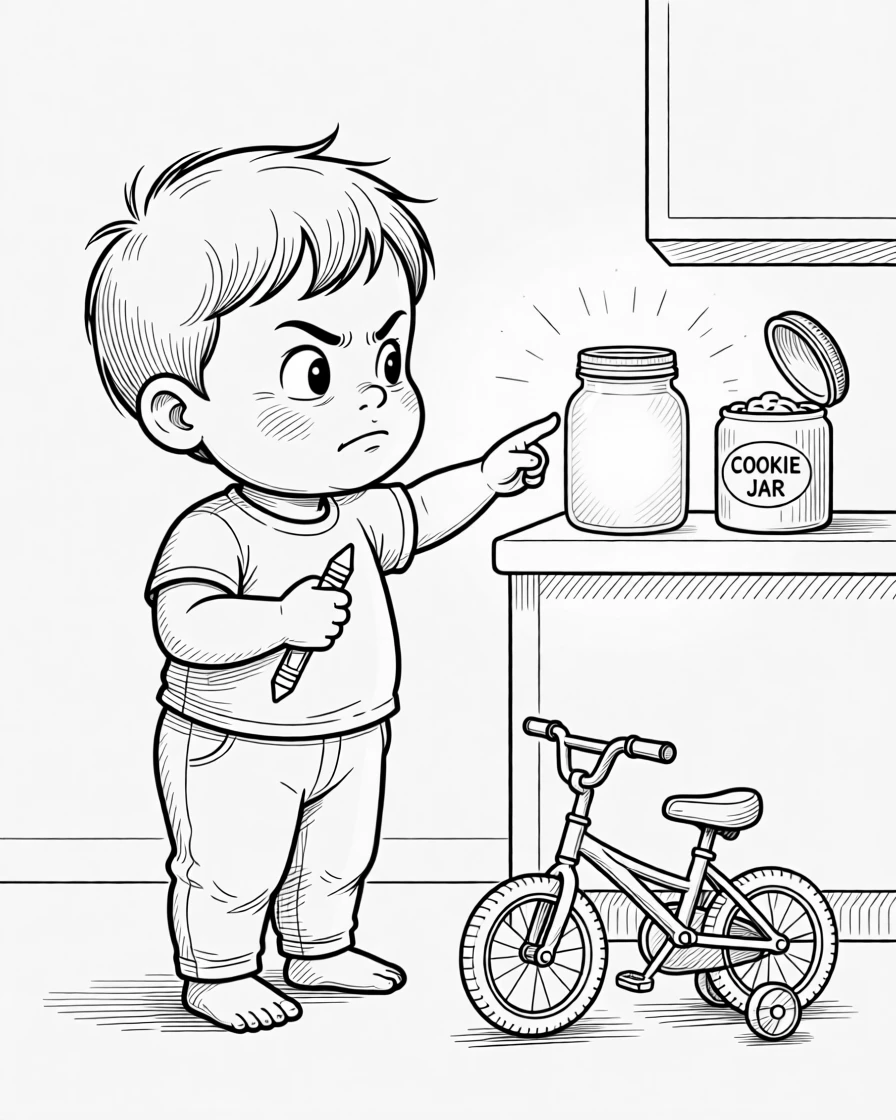 A toddler stubbornly refusing to share one crayon, reaching a tentative finger toward the glowing jar, set in a kitchen with the cookie jar suspiciously open. A tiny bicycle with training wheels waits nearby. The scene captures the wild imagination only kids have.