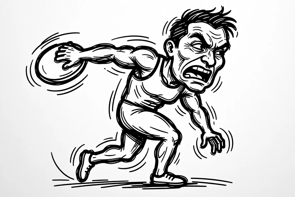 A discus thrower mid-spin, muscles straining, about to release the throw.