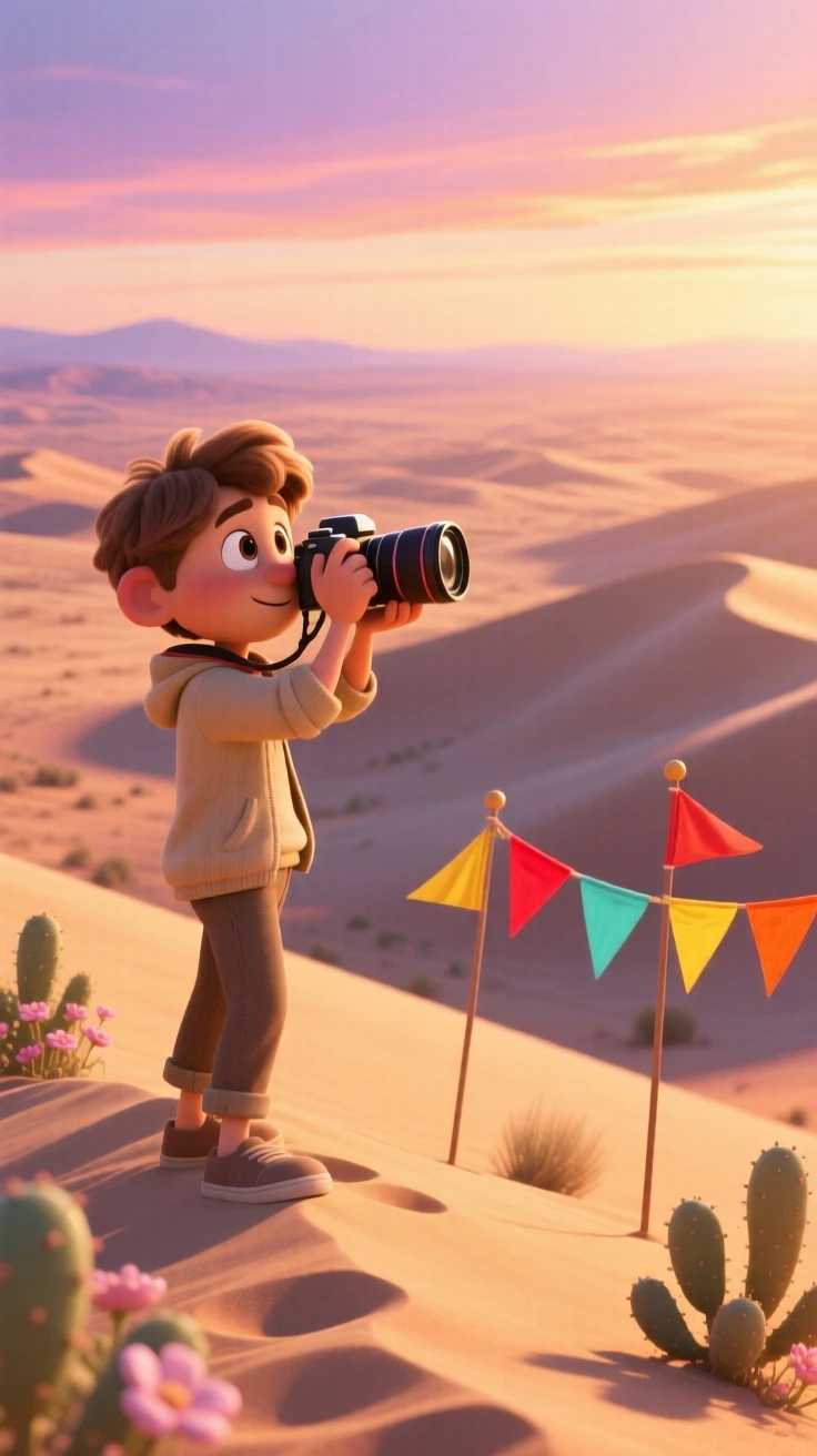 A photographer studying the horizon stands along a desert dune ridge at golden hour, snapping a photo of the breathtaking landscape. The scene feels vast, calm, and full of possibility, with colorful flags fluttering nearby.