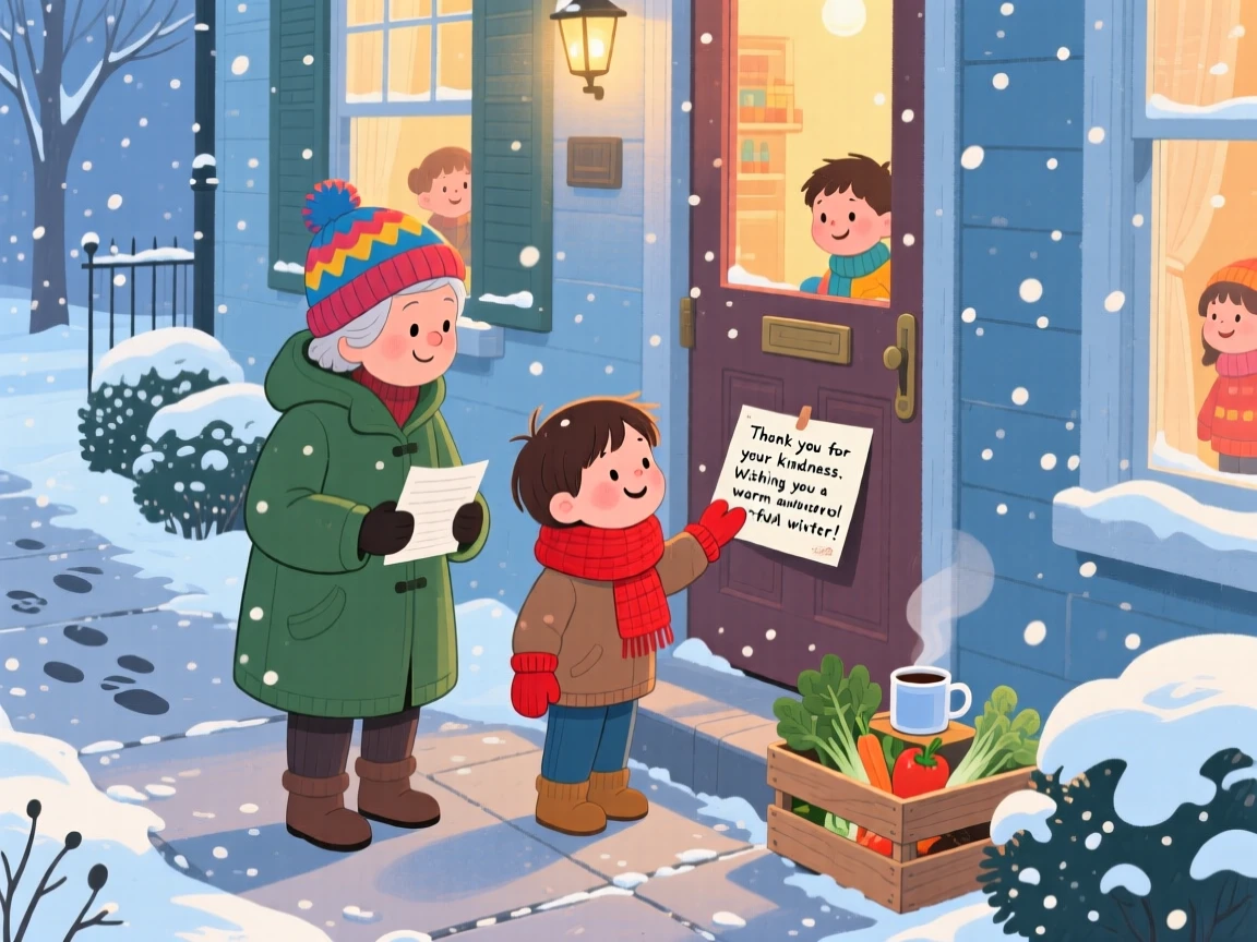 In a snowy sidewalk, an older sibling and a younger one bond over writing a kind note and leaving it on a doorstep, as a new friendship quietly begins.