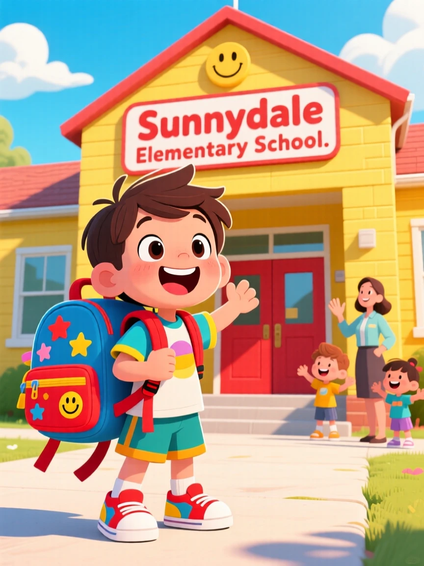 A child's first day of school, backpack bigger than they are.