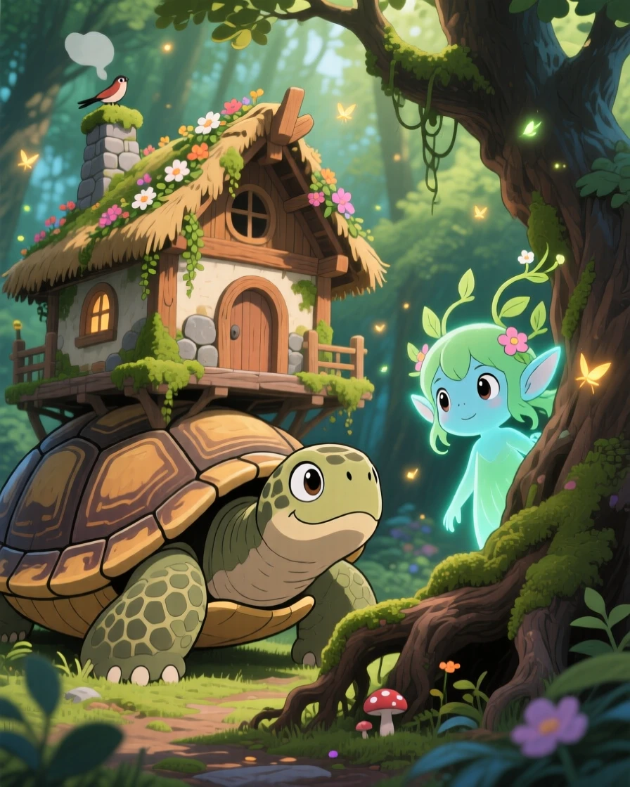 A cottage perched on the back of a giant turtle, where a friendly forest spirit peeking from behind a root can be seen nearby, the atmosphere whimsical and joyful.