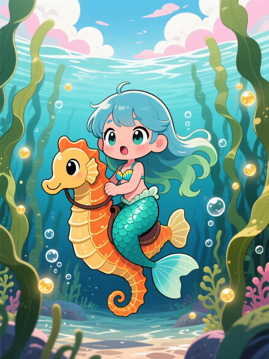 A young mermaid riding a seahorse through swaying kelp in an underwater kelp forest beneath fluffy drifting clouds; warm fairy-light glow washes over the scene as gentle surprise fills the moment. Symmetrical front-on view.