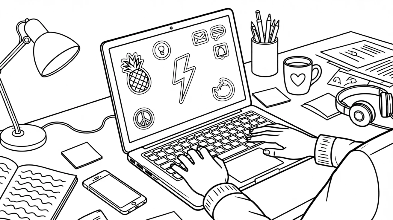 A laptop covered in stickers on a cluttered desk, with notification icons subtly glowing on the screen.