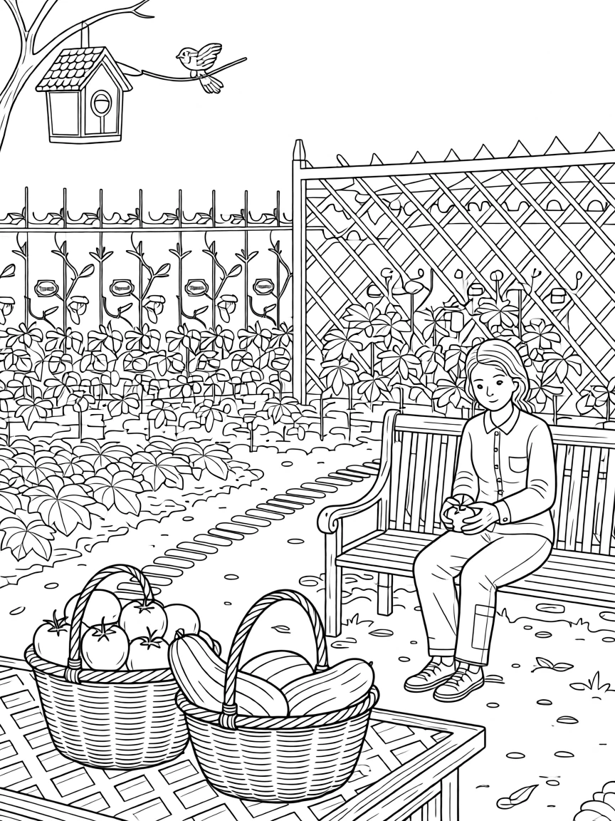 A cozy garden vegetable harvest scene with baskets of tomatoes and squash.