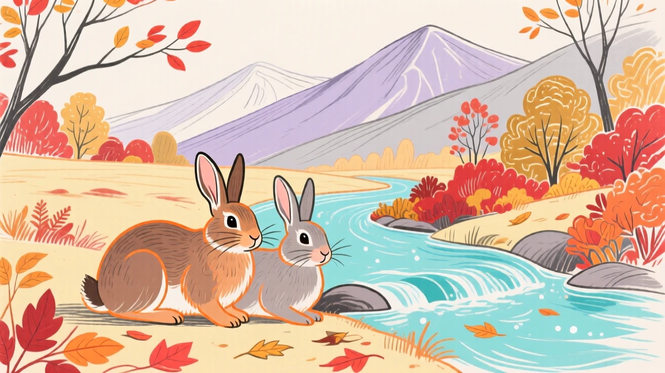 A pair of rabbits resting beside a mountain stream on a crisp autumn day.
