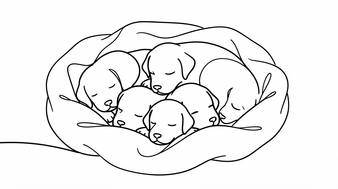 A litter of puppies piled together asleep in a soft blanket nest