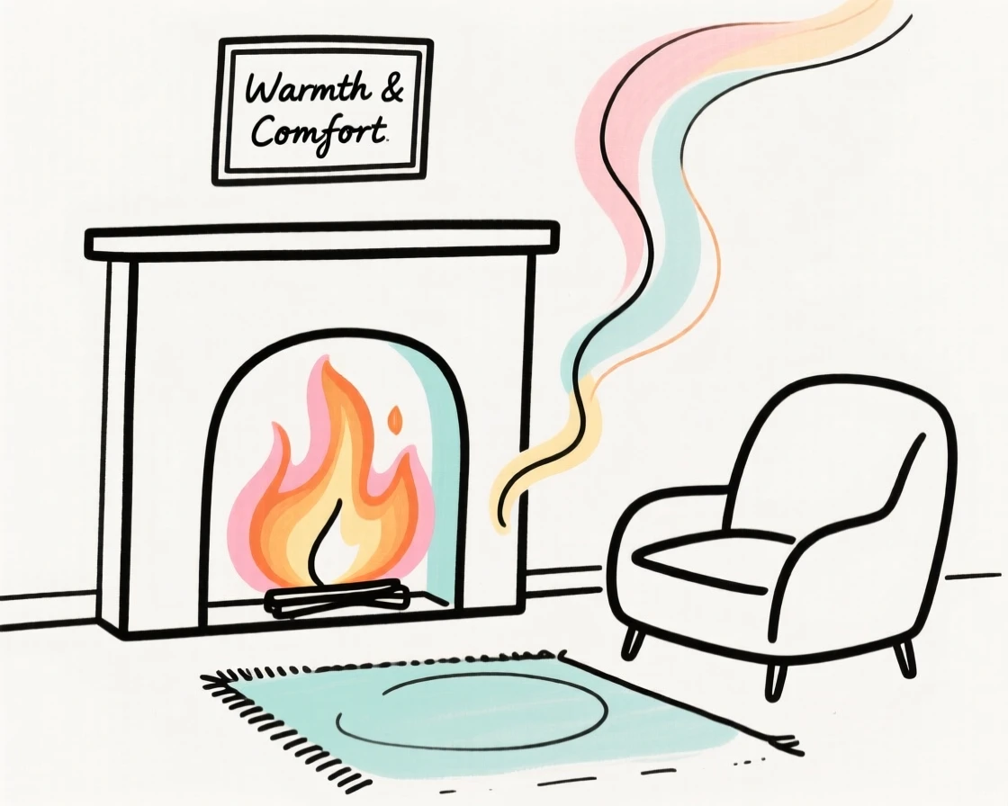 A fireplace crackling in a living room
