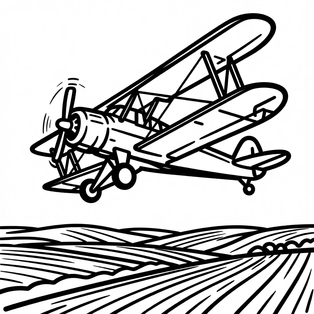 A vintage biplane crop duster banking sharply over rolling farmland.