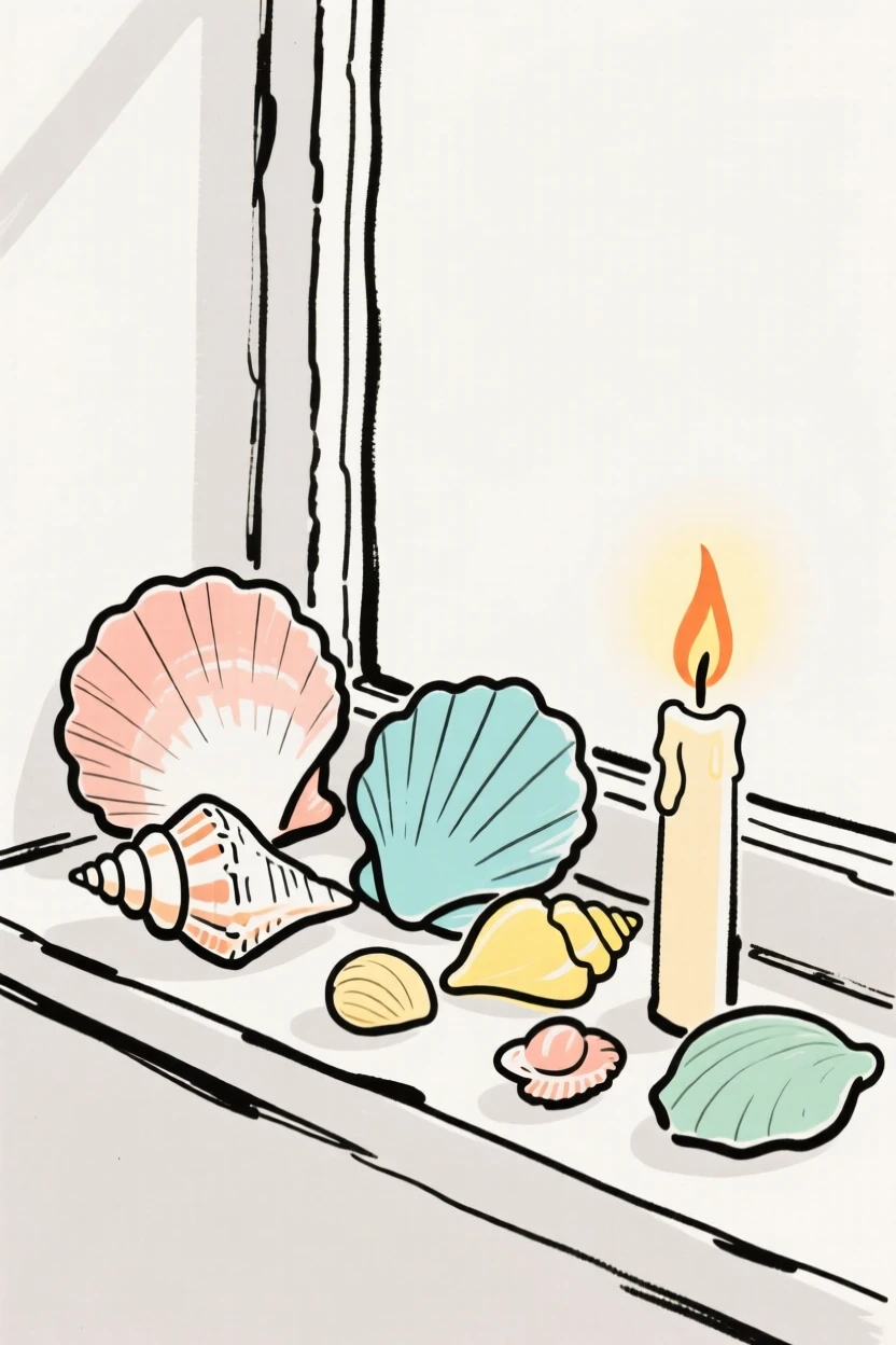 A collection of seashells arranged on a windowsill beside a candle.