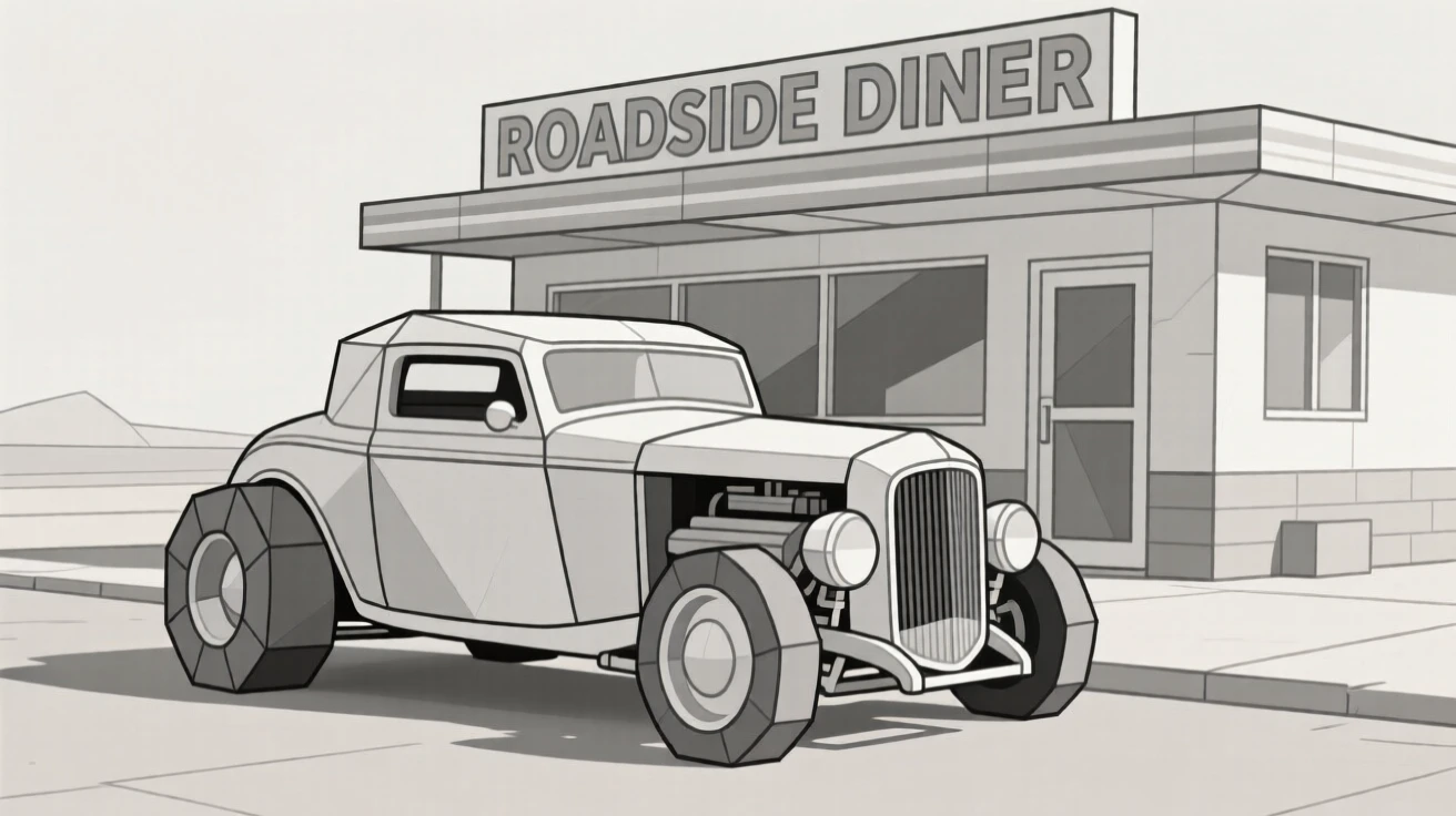 A hot rod parked at a retro roadside diner