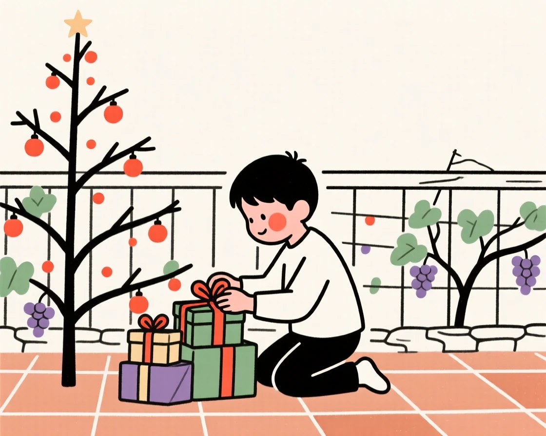 A young boy of Italian heritage wrapping gifts by a decorated tree, on a vineyard terrace.