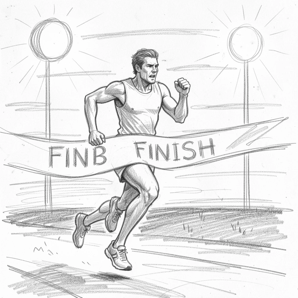 A runner crossing a finish line at sunrise, under bright stadium lights, with intense focus and determination.