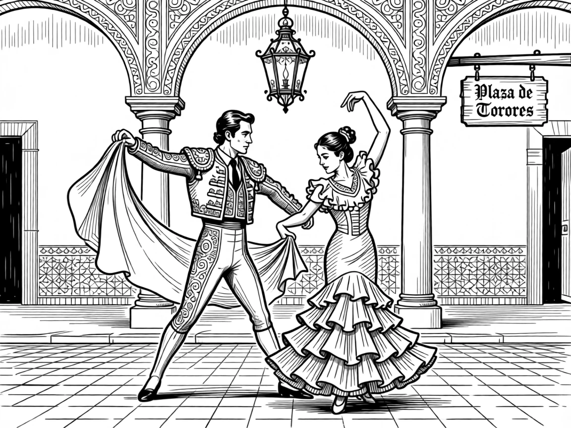 A traditional bullfighting-inspired dance performed in an ornate courtyard.