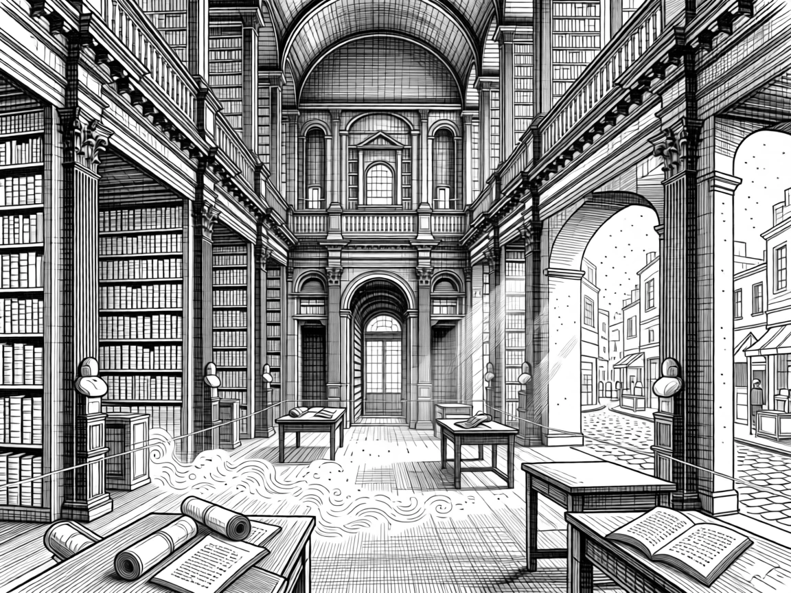 An ancient library filled with scrolls amid the quiet hum of a bustling old city, with dust rising softly from the ground, portrayed in a timeless and reverent historical scene.