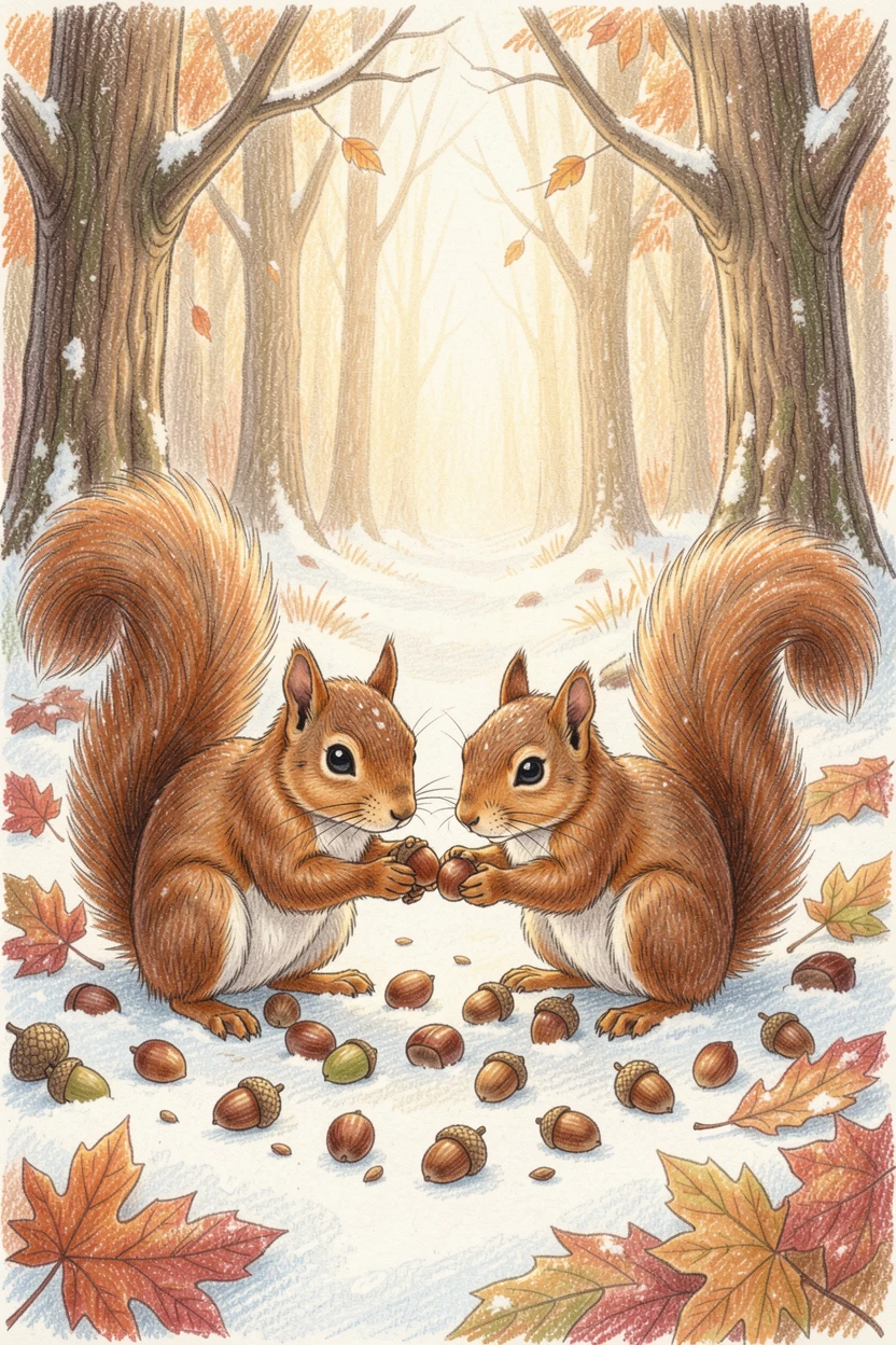 A family of squirrels gathering nuts before the first snowfall, with soft, natural light bringing warmth to every detail, radiating comfort, joy, and quiet beauty.