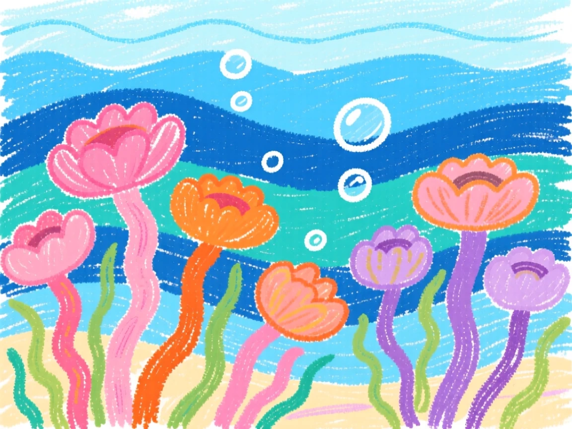 A field of sea anemones swaying gently in an ocean current.