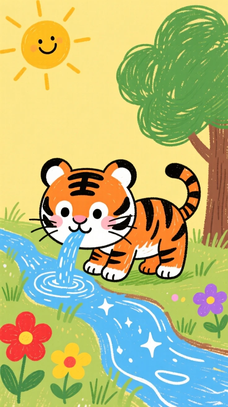 A striped baby tiger drinking from a small crystal-clear stream.